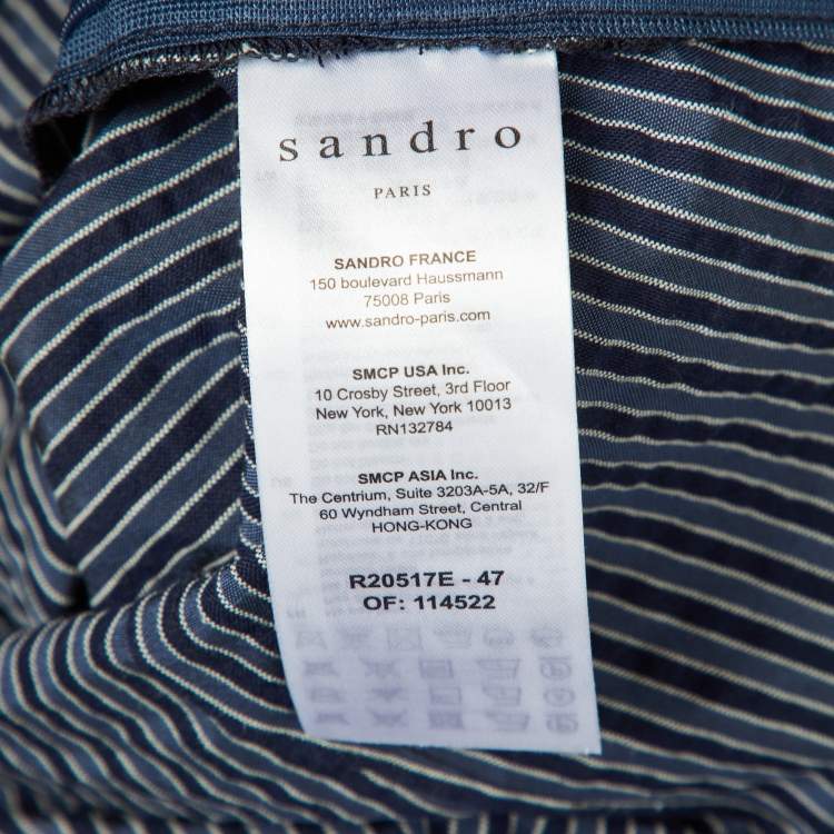 Pre Owned Sandro Navy Blue Striped Cotton Blend Plunge Neck Mini Dress XL 