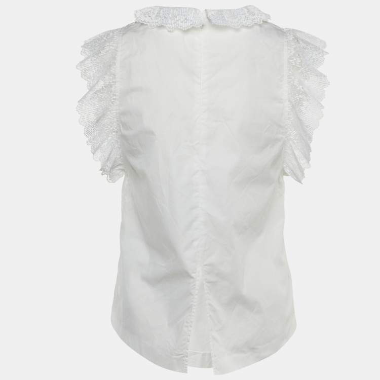 Pre Owned Sandro White Cotton Ruffled High Neck Top S
