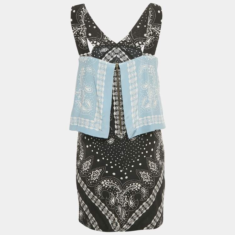Pre Owned Sandro Black/Blue Printed Silk Mini Dress S