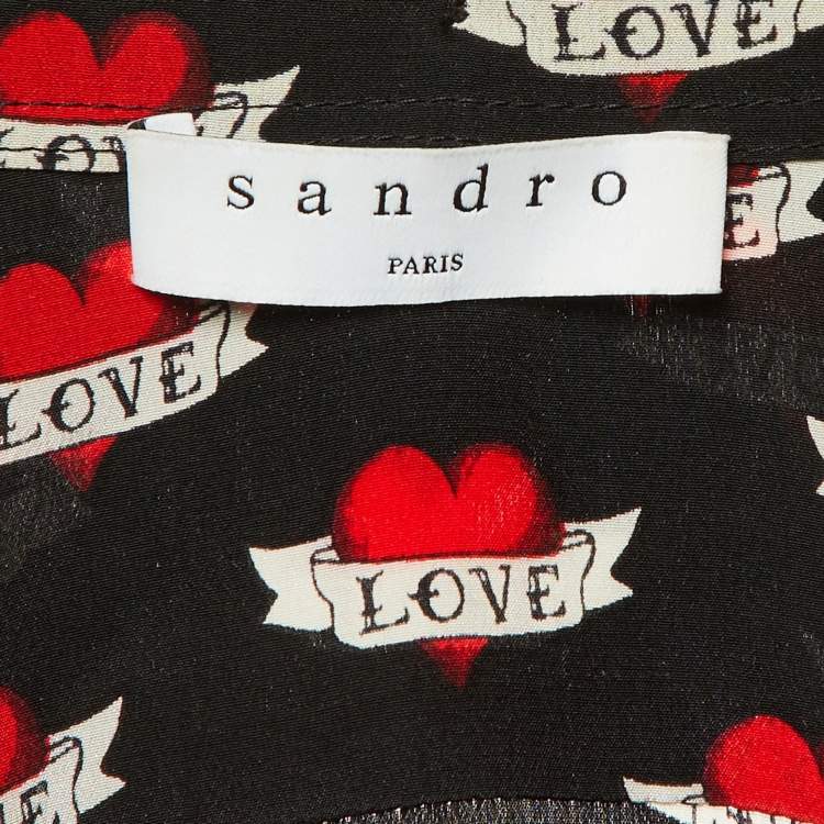Pre Owned Sandro Black Love Print Silk Tie Neck Blouse M 