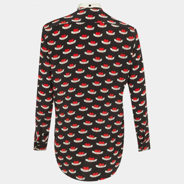 Pre Owned Sandro Black Love Print Silk Tie Neck Blouse M 