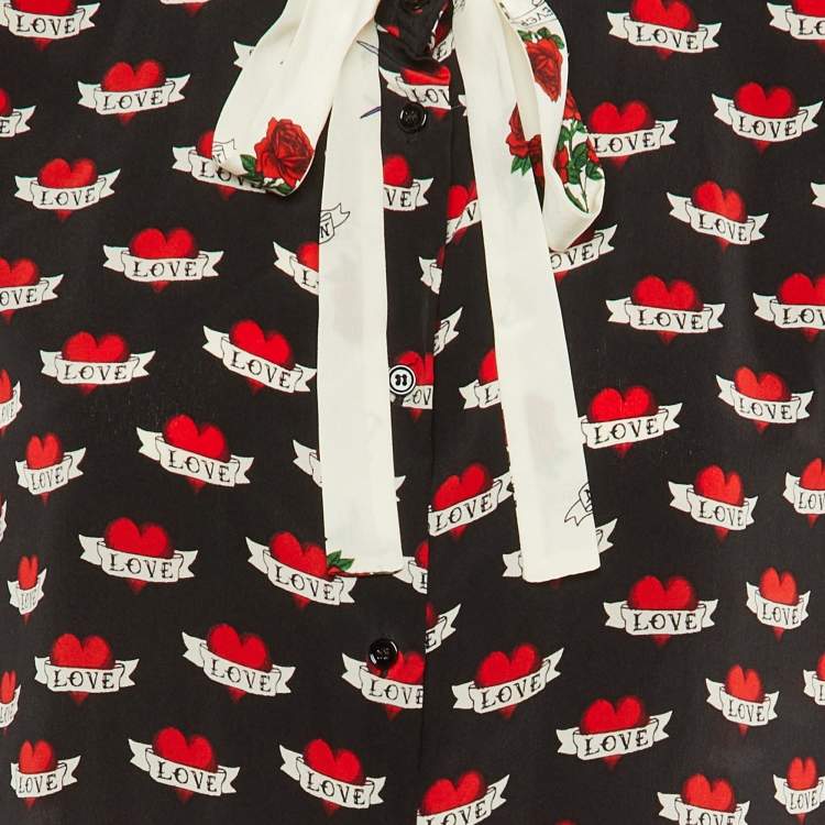 Pre Owned Sandro Black Love Print Silk Tie Neck Blouse M 