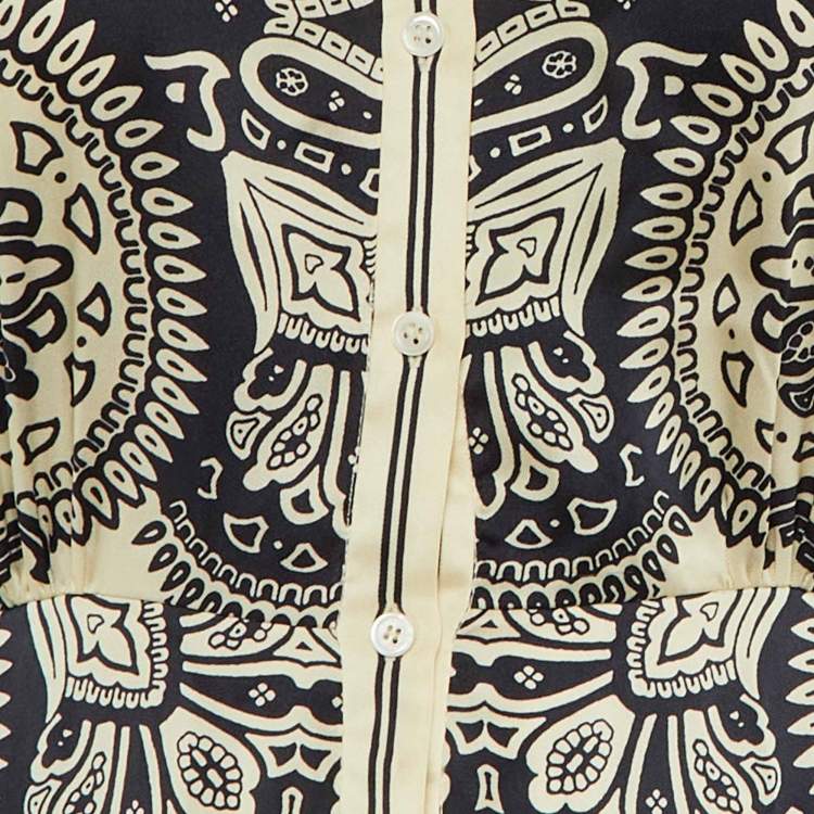 Pre Owned Sandro Cream /Navy Blue Paisley Print Satin Midi Dress S