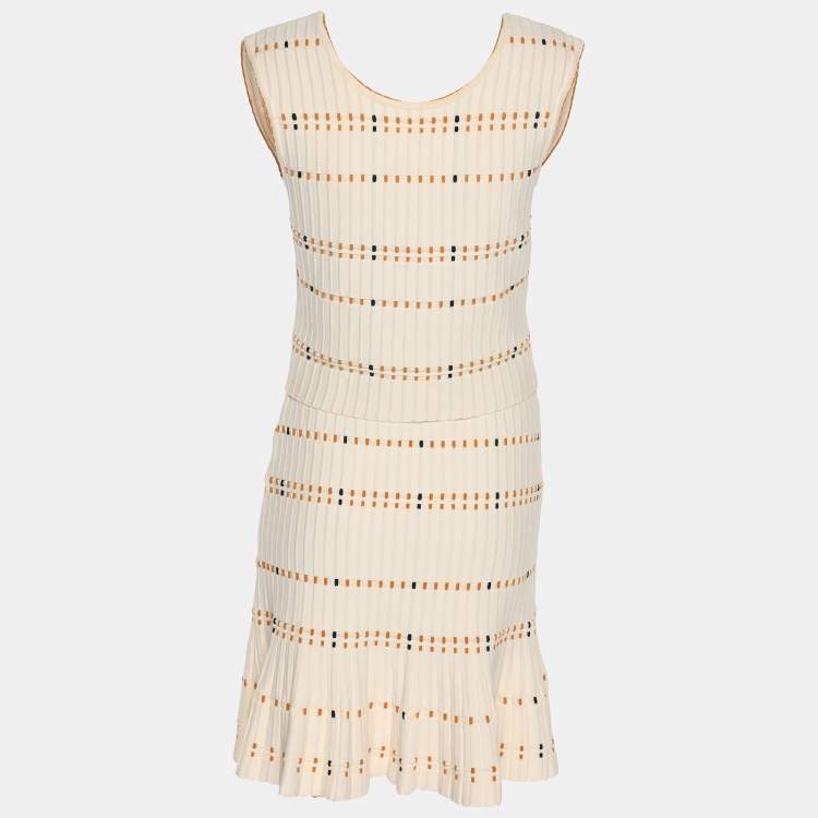 Pre Owned Sandro Cream Striped Rib Knit Top and Mini Skirt Set S