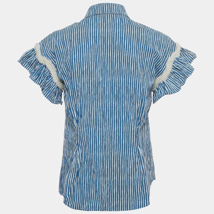 Pre Owned Sandro Blue/ White Striped Embellished Trim Cotton Erine Shirt M