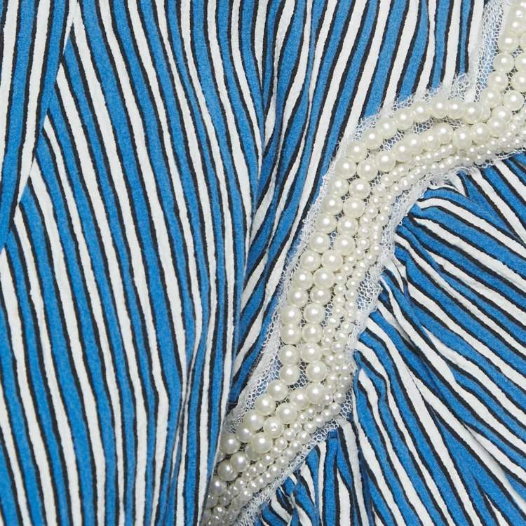 Pre Owned Sandro Blue/ White Striped Embellished Trim Cotton Erine Shirt M