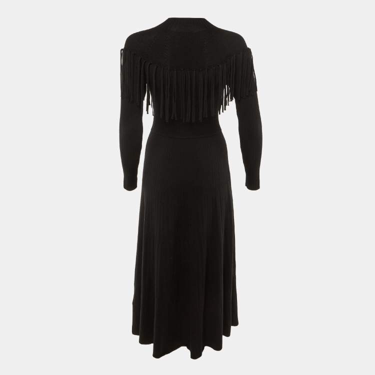 Pre Owned Sandro Black Wool Knit Janis Fringed Long Sweater Dress S