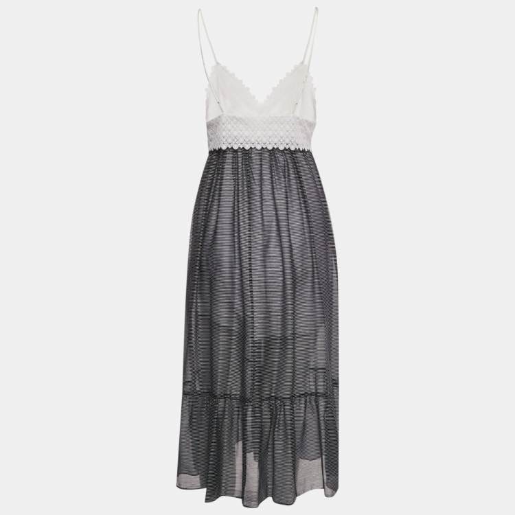 Pre Owned Sandro White /Navy Blue Striped Lace & Crepe Midi Dress M