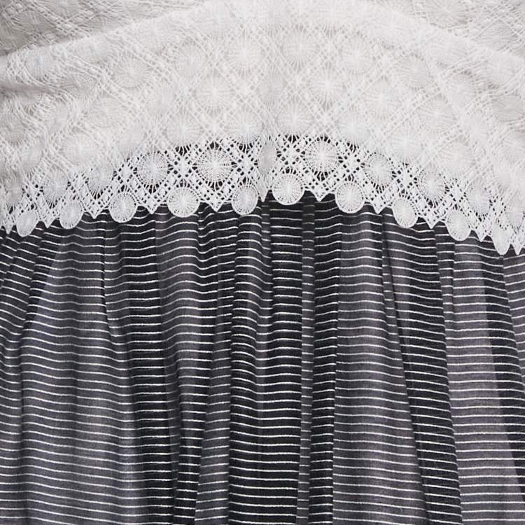 Pre Owned Sandro White /Navy Blue Striped Lace & Crepe Midi Dress M