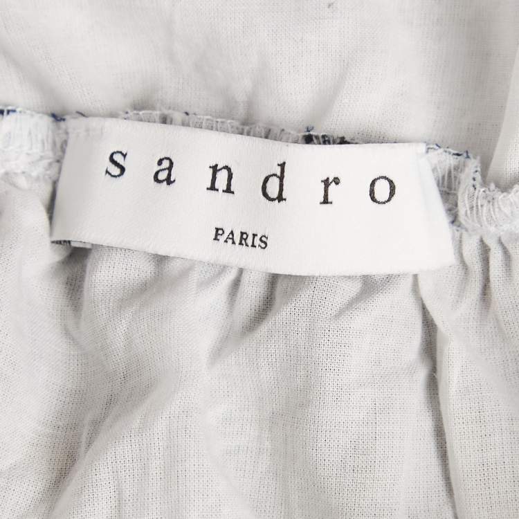 Pre Owned Sandro White /Navy Blue Striped Lace & Crepe Midi Dress M