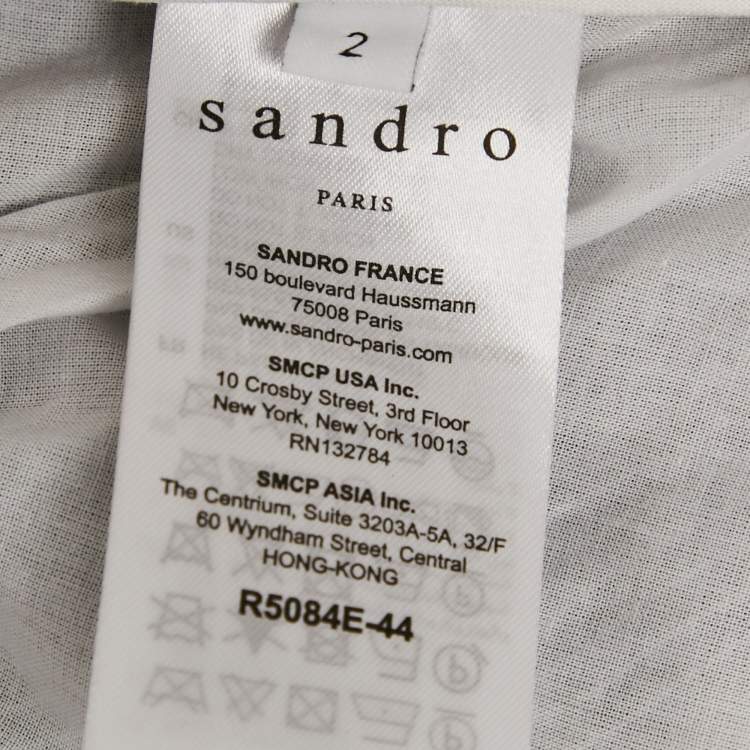 Pre Owned Sandro White /Navy Blue Striped Lace & Crepe Midi Dress M