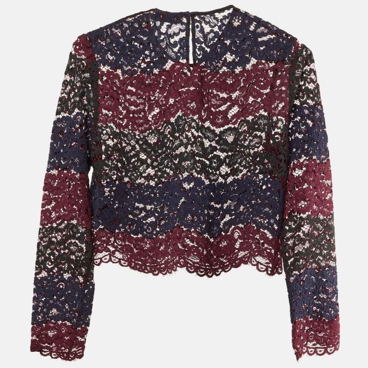 Pre Owned Sandro Maroon Floral Lace Scalloped Crop Top M