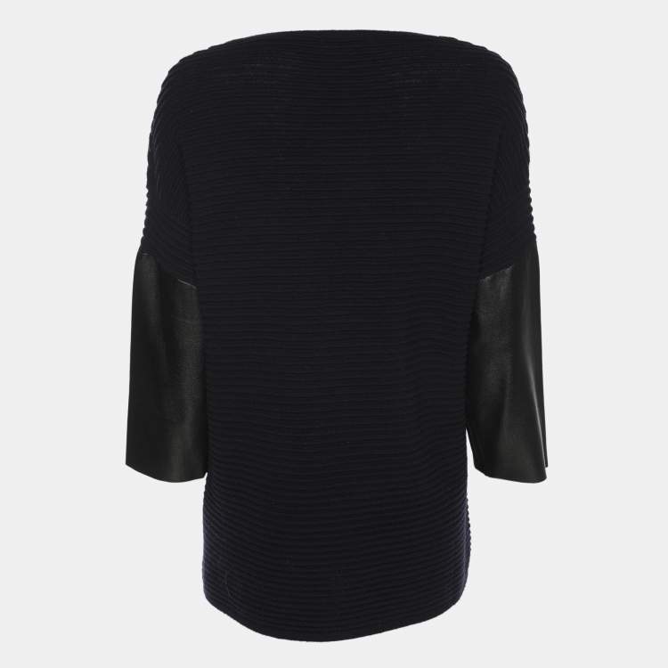 Pre Owned Sandro Navy Blue/Black Rib Knit and Leather Tops S
