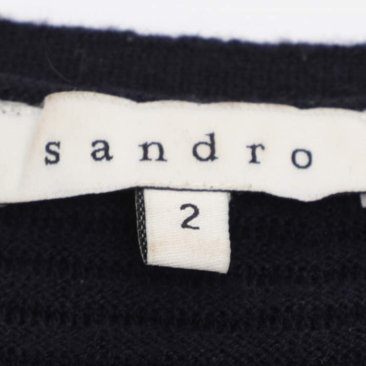Pre Owned Sandro Navy Blue/Black Rib Knit and Leather Tops S