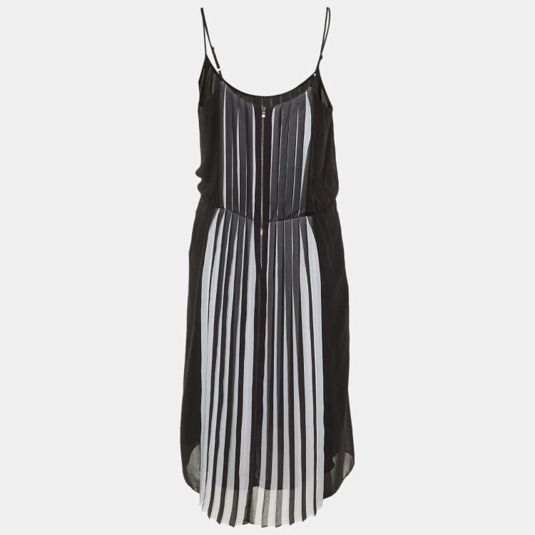 Pre Owned Sandro Black /White Pleated Crepe Midi Dress M