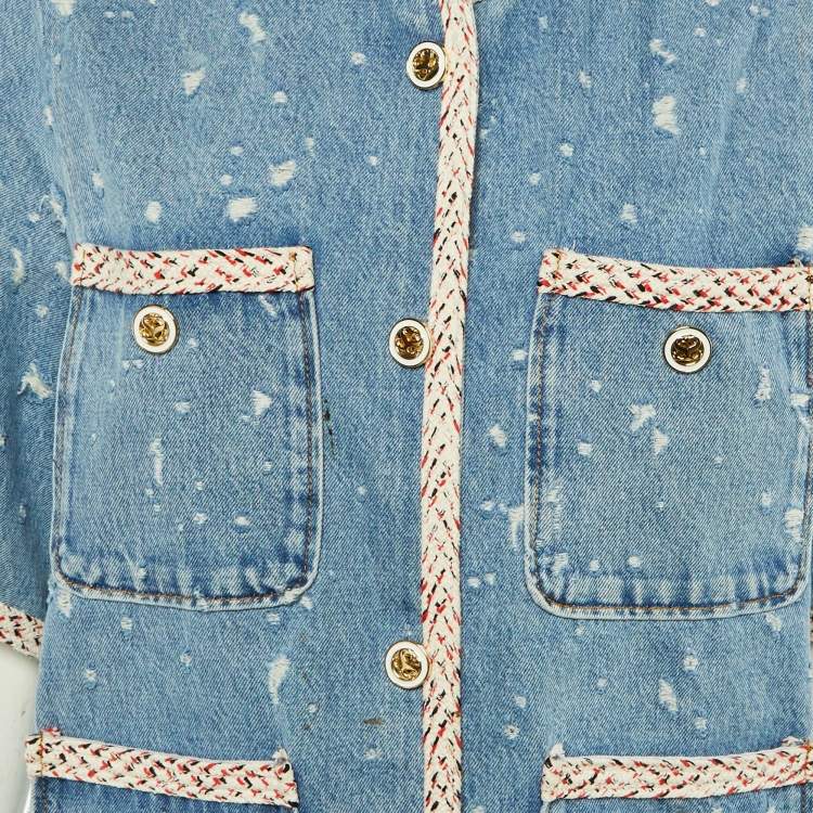 Pre Owned Sandro Blue Distressed Denim Braid Trim Jacket XL
