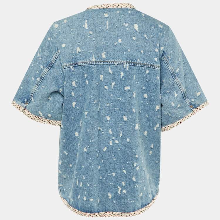Pre Owned Sandro Blue Distressed Denim Braid Trim Jacket XL