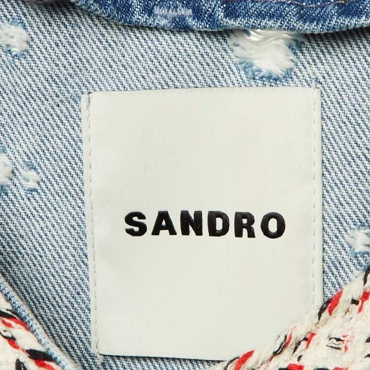 Pre Owned Sandro Blue Distressed Denim Braid Trim Jacket XL