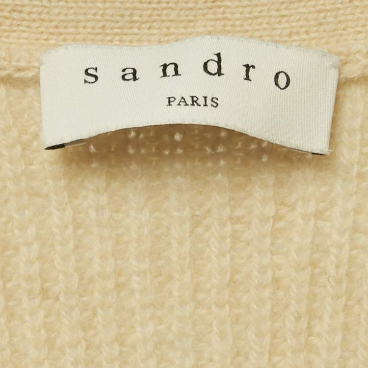 Pre Owned Sandro Beige Applique Rib Knit V-Neck Sweater S