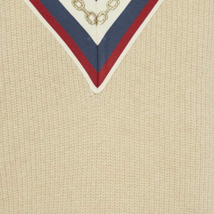 Pre Owned Sandro Beige Applique Rib Knit V-Neck Sweater S