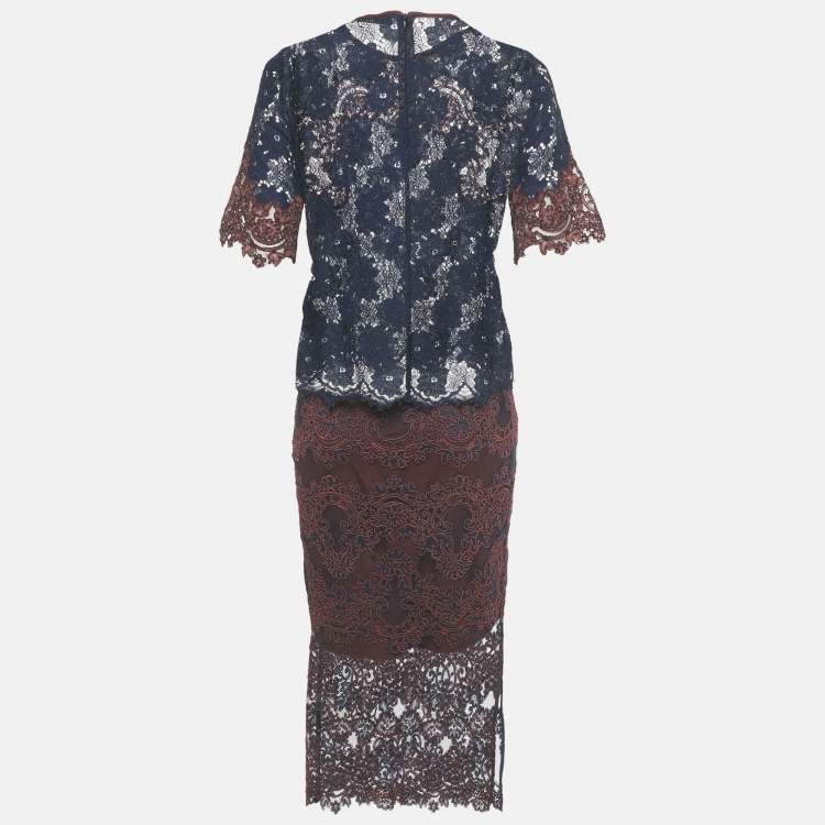 Pre Owned Sandro Navy Blue /Burgundy Lace Top & Skirt Set S