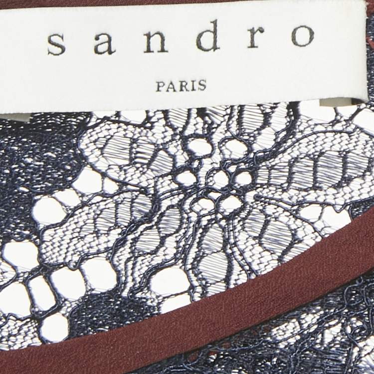 Pre Owned Sandro Navy Blue /Burgundy Lace Top & Skirt Set S