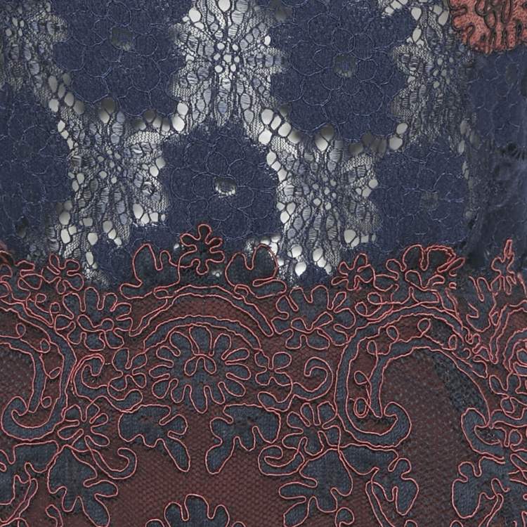 Pre Owned Sandro Navy Blue /Burgundy Lace Top & Skirt Set S