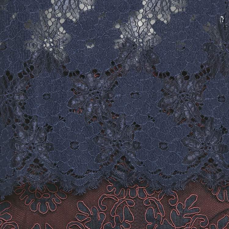 Pre Owned Sandro Navy Blue /Burgundy Lace Top & Skirt Set S