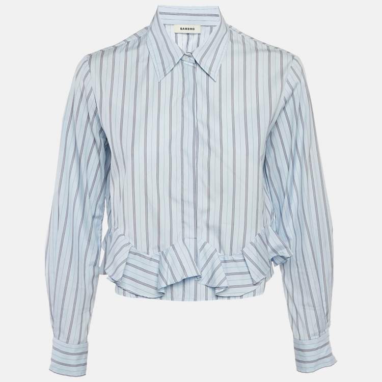 Pre Owned Sandro Blue Striped Cotton Ruffled hem Cropped Shirt S
