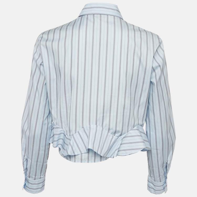 Pre Owned Sandro Blue Striped Cotton Ruffled hem Cropped Shirt S