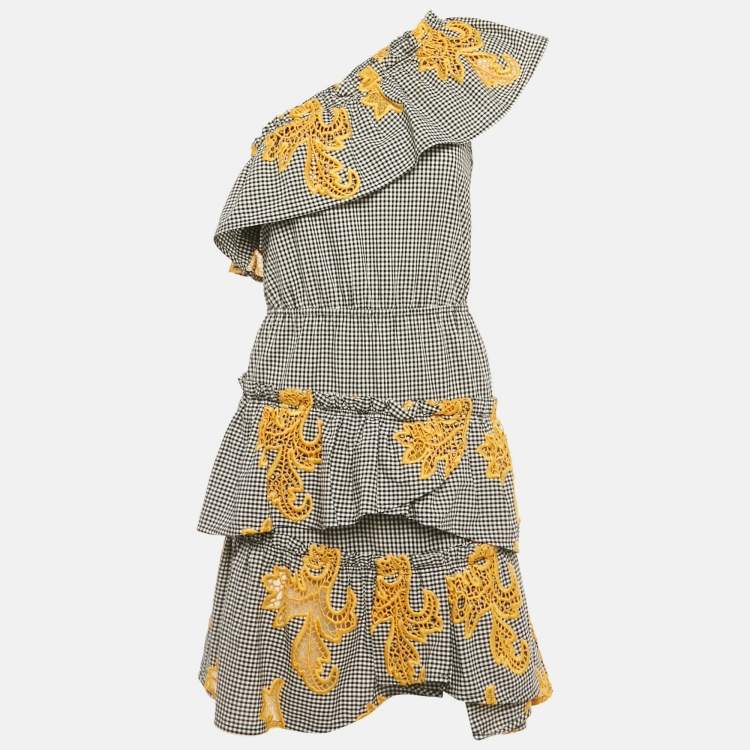 Pre Owned Sandro Black Checkered Cotton & Contrast Cutwork Detail One Shoulder Tiered Mini Dress S