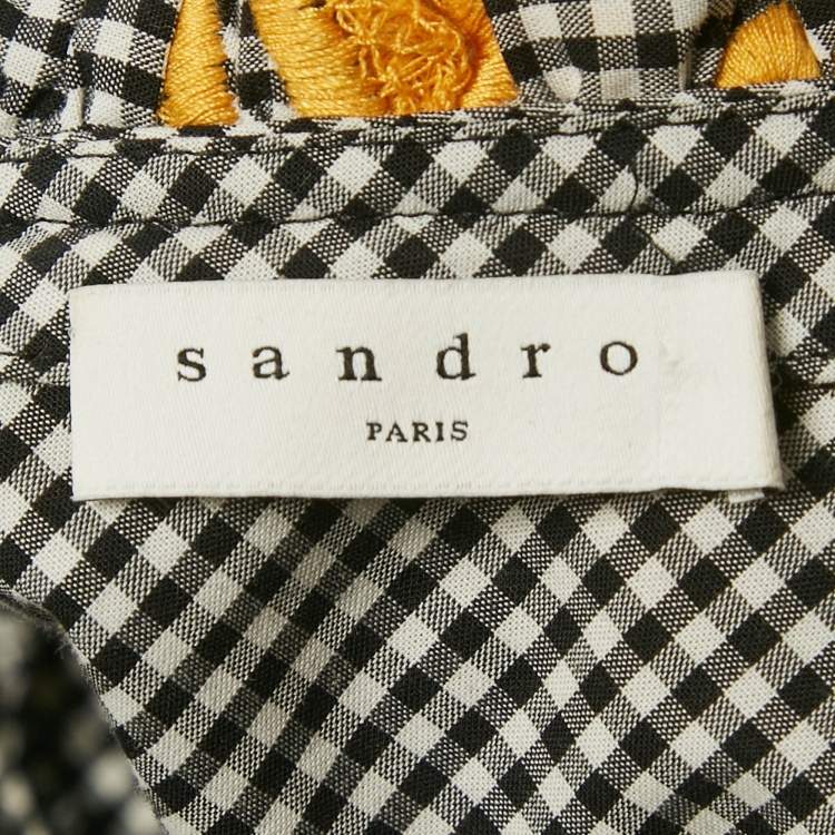 Pre Owned Sandro Black Checkered Cotton & Contrast Cutwork Detail One Shoulder Tiered Mini Dress S