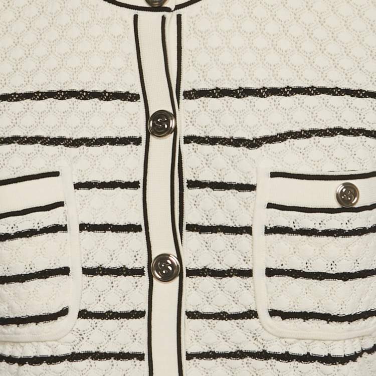 Pre Owned Sandro White Striped Crochet Knit Cropped Cardigan L