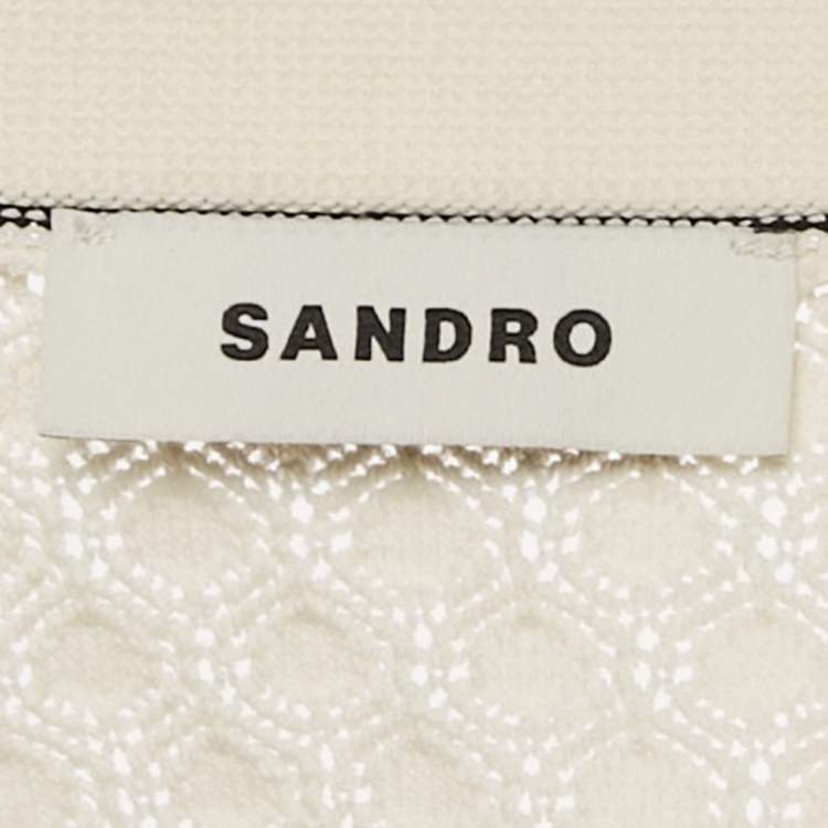 Pre Owned Sandro White Striped Crochet Knit Cropped Cardigan L