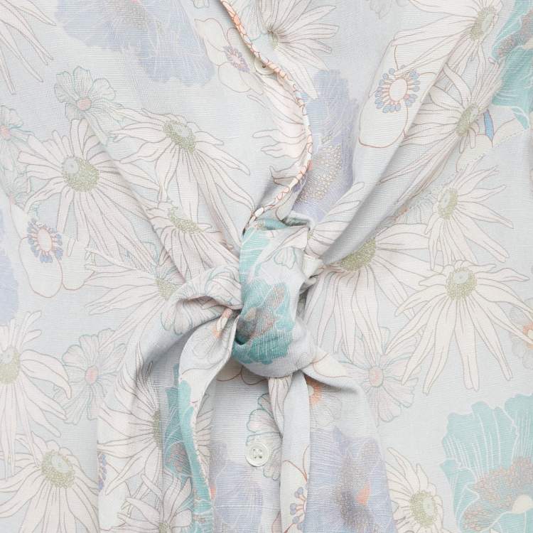 Pre Owned Sandro Blue Floral Print Crepe Tie-Up Shirt S