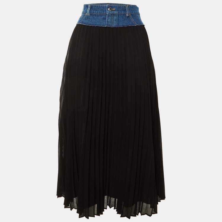 مملوكة مسبقًا Sandro Black Crepe & Denim Pleated Midi Skirt M