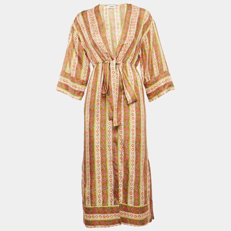 Pre Owned Sandro Multicolor Floral Striped Silk Kaftan Dress S