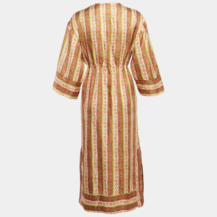 Pre Owned Sandro Multicolor Floral Striped Silk Kaftan Dress S
