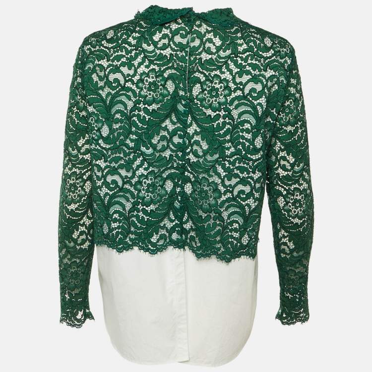 Pre Owned Sandro  Green /White Cotton & Lace Overlay Malia Top L
