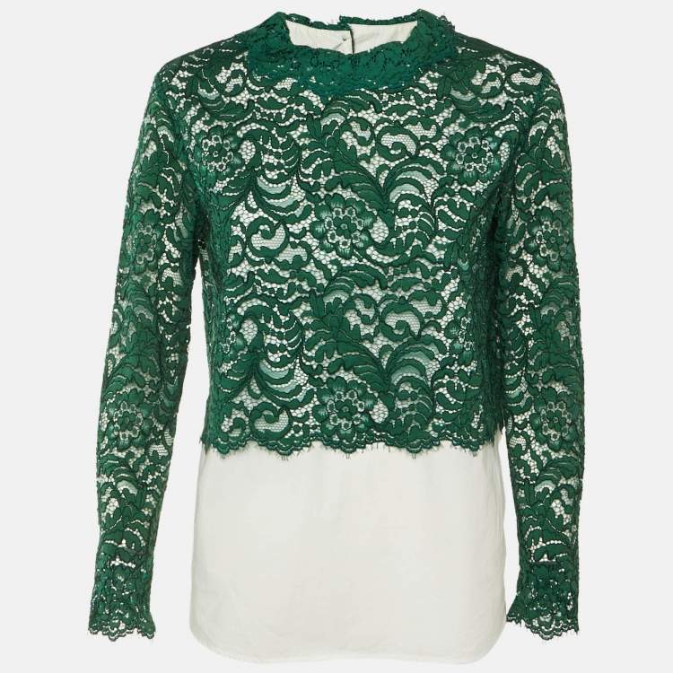 Pre Owned Sandro  Green /White Cotton & Lace Overlay Malia Top L