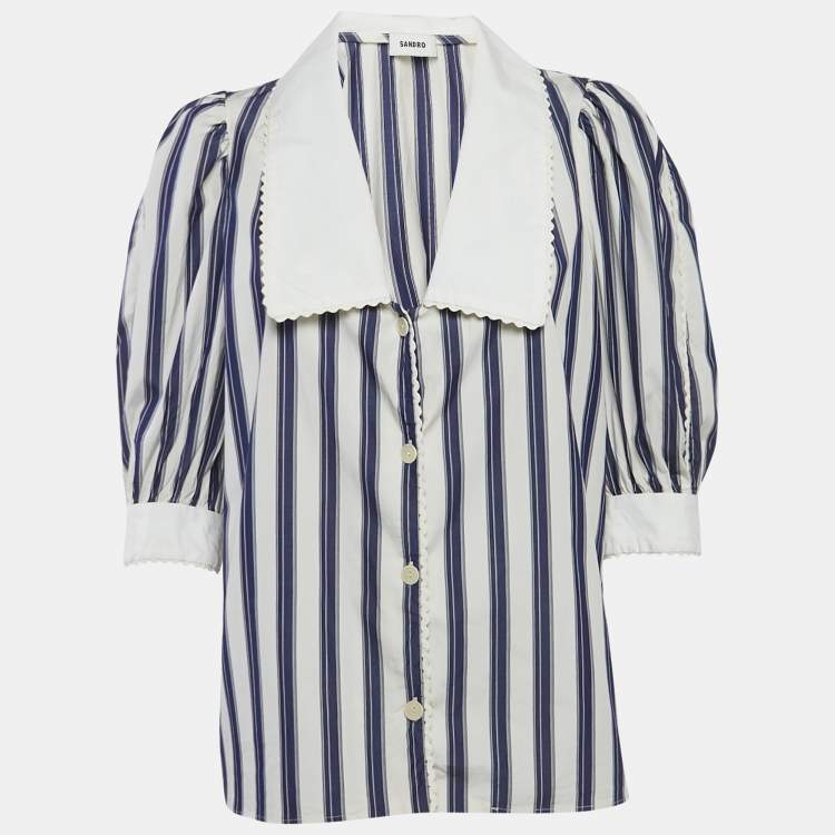 Pre Owned Sandro Blue Stripe Cotton Oversize Collar Chiara Shirt L