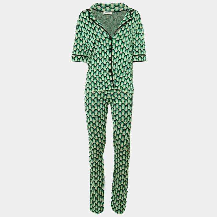Pre Owned Sandro Green Patterned Knit Cardigan & Pants Set S