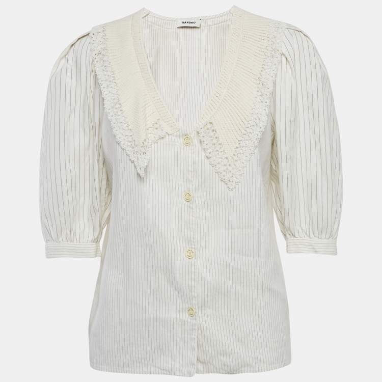 Pre Owned Sandro White Striped Linen Blend Crochet Collar Shirt M