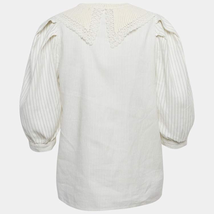 Pre Owned Sandro White Striped Linen Blend Crochet Collar Shirt M