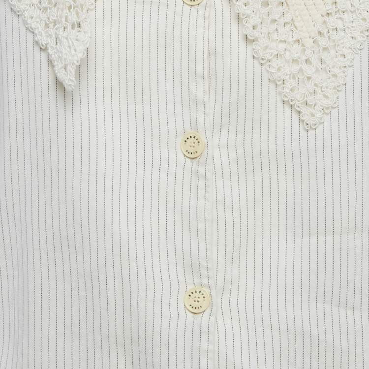 Pre Owned Sandro White Striped Linen Blend Crochet Collar Shirt M