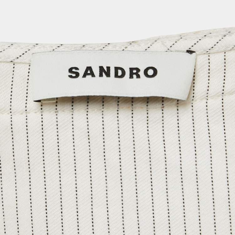 Pre Owned Sandro White Striped Linen Blend Crochet Collar Shirt M