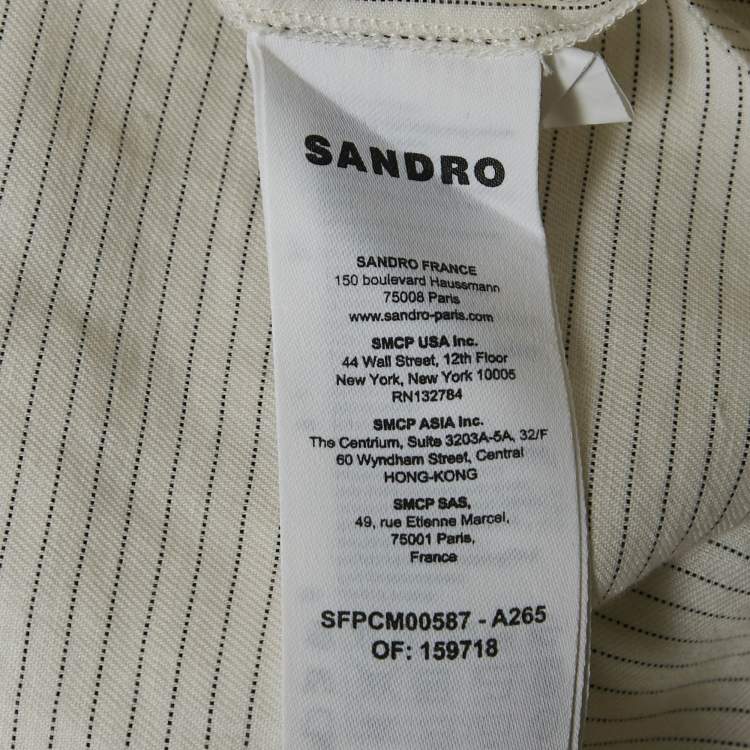 Pre Owned Sandro White Striped Linen Blend Crochet Collar Shirt M