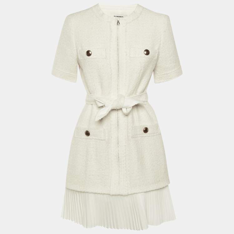 مملوكة مسبقًا Sandro White Tweed & Plisse Detail Coat Mini Dress M