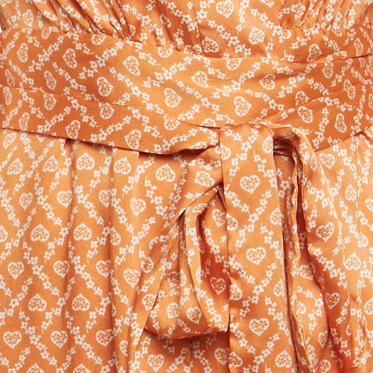 Pre Owned Sandro Orange Heart Printed Satin Wrap Dress S