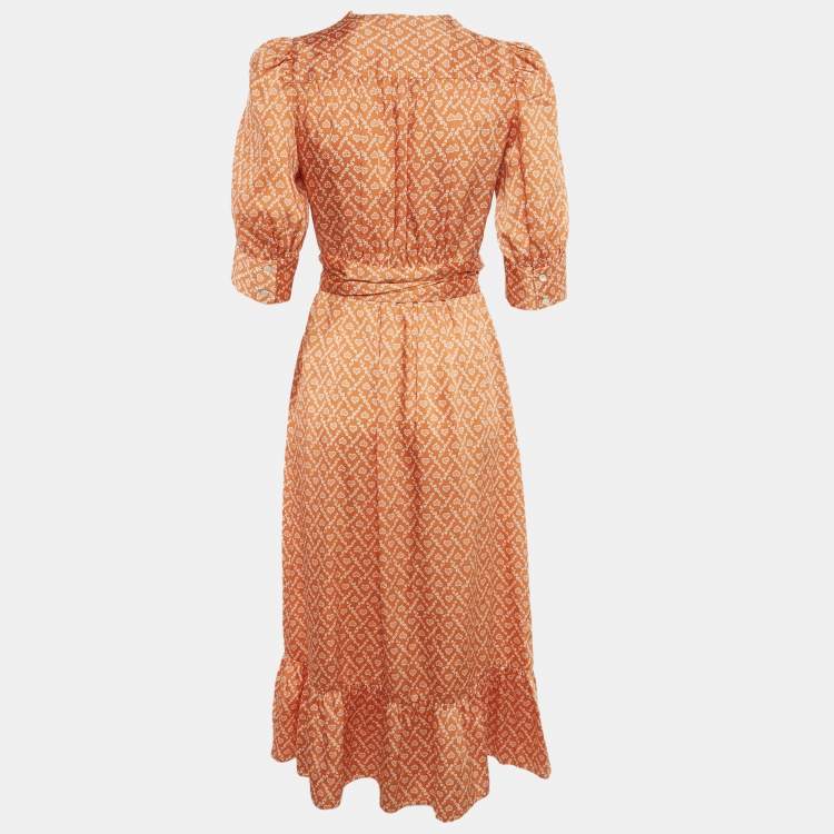 Pre Owned Sandro Orange Heart Printed Satin Wrap Dress S